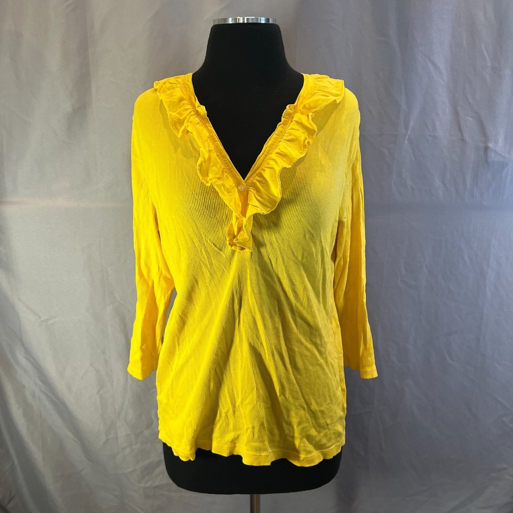 Lauren Ralph Lauren Tunic Blouse Women Petite Large Yellow Cotton Ruffled V Neck